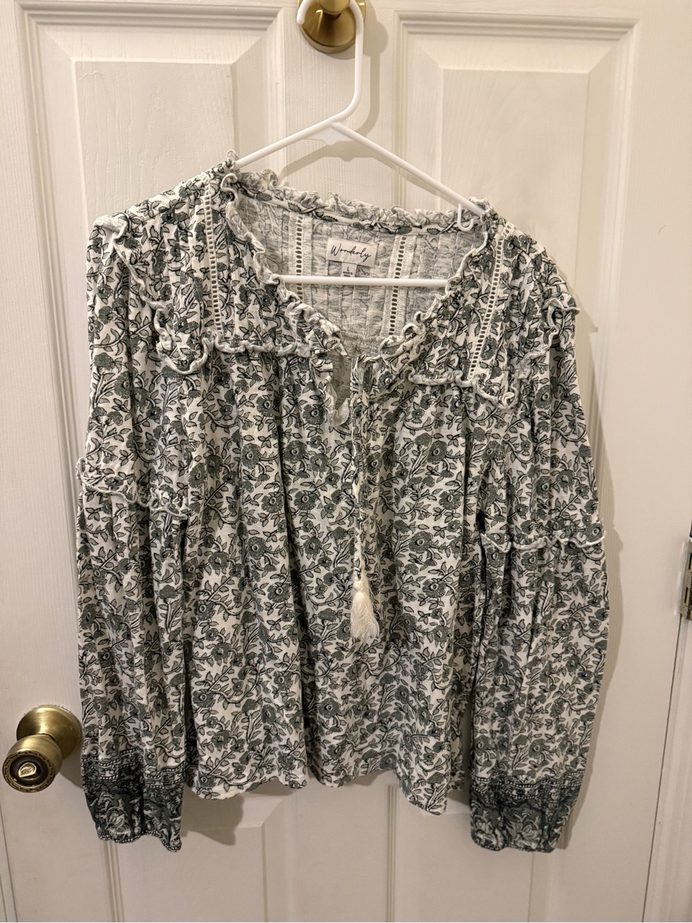 Wonderly Cream and Green Floral Peasant Top with Tassel